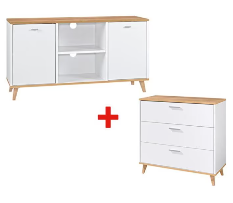  Commode et meuble bas LIVARNO® Corfu - Design moderne, 3 tiroirs, blanc mat et imitation chêne, idéal pour petits espaces.