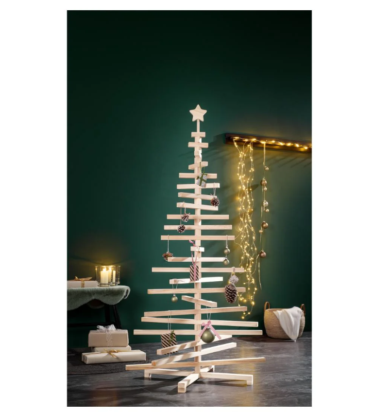 Sapin de Noël en bois 160 cm LIVARNO home, 23 branches rotatives, pied en bois, tige métallique, décor minimaliste durable, bon plan Lidl à 16,99€ — Sonia de ClubPromos