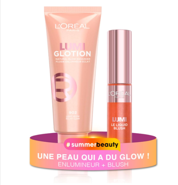 Duo L’Oréal Summer Glow avec Lumi Glotion Teinte 902 et Blush Liquide Warm Peach – Teint lumineux et effet glowy naturel – Coffret Amazon en promotion
