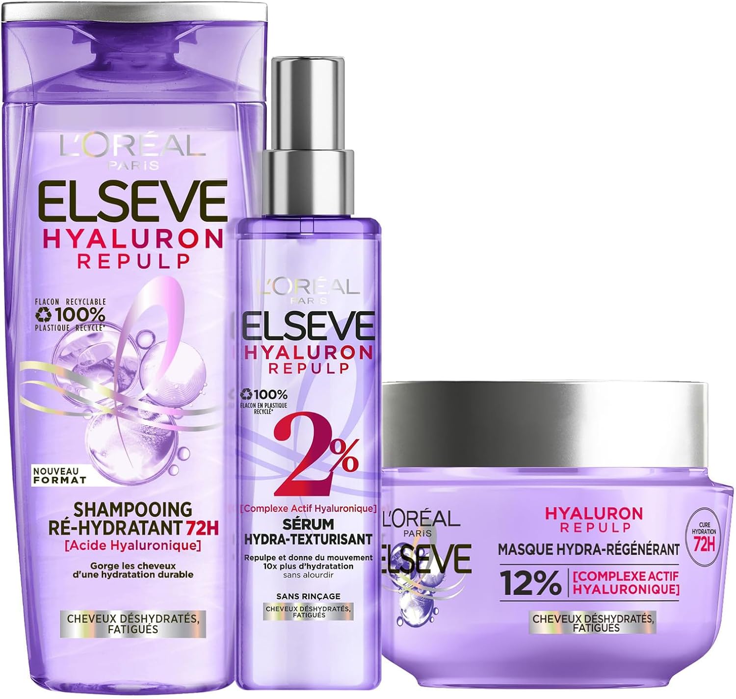 Routine cheveux L'Oréal Paris Elsève Hyaluron Repulp à base d'acide hyaluronique : shampooing, masque et sérum pour cheveux déshydratés. Hydratation 72H, cheveux repulpés, doux et brillants. Coffret à prix promo sur Amazon. Livraison gratuite. Idéal pour soins capillaires au quotidien.