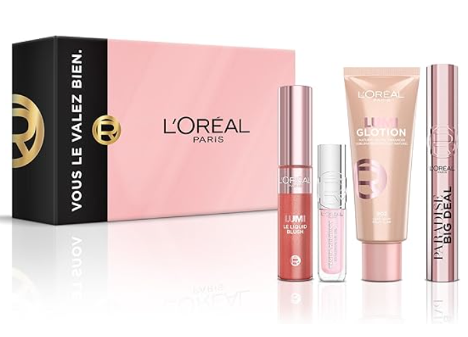 Coffret maquillage L’Oréal Paris Natural Glow, 4 produits (mascara Big Deal, Lumi Glotion, Blush Liquide, Gloss Plump Ambition à l’acide hyaluronique), maquillage complet à prix promo