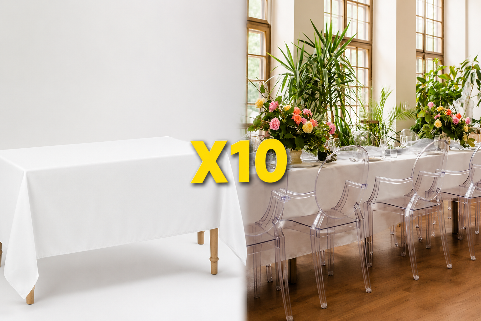 Lot de 10 nappes blanches 180x300 cm en polyester, rectangulaires, tissu mat lavable, idéal pour mariage et réception, disponible sur Amazon à 17,95€.