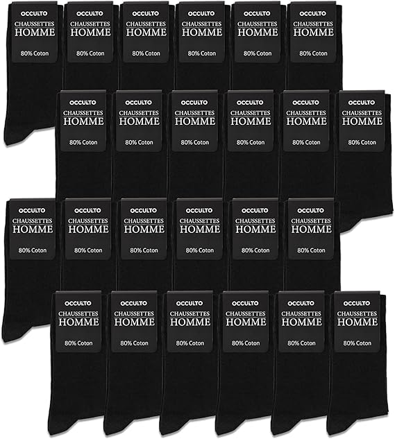 Lot de 24 paires de chaussettes homme Occulto Lukas noires taille 43-46 en promotion sur Amazon, chaussettes classiques coton polyester pour bureau et usage quotidien.