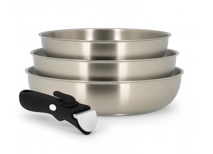 Lot de 3 poêles MENASTYL inox 18/10 avec poignée amovible, compatibles induction, sans PFAS, tailles 20 24 28 cm en promotion Amazon