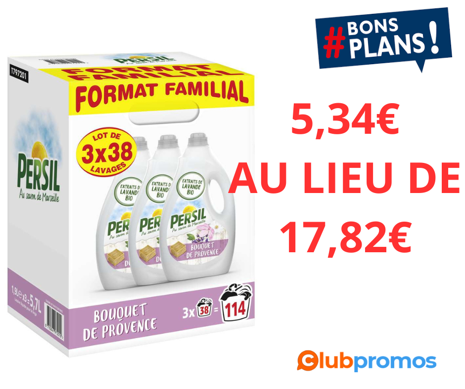 Lot de 3 bidons de lessive PERSIL douceur d'Amande ou bouquet de Provence (3x1,800ml) 5,34€ au...png