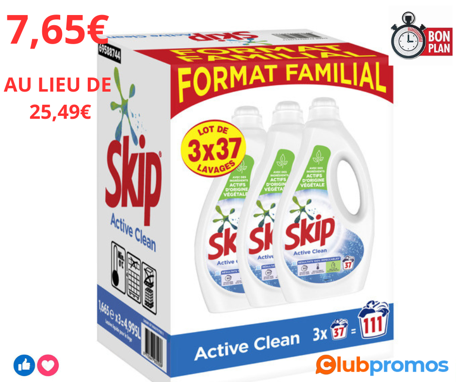 Lot de 3 bidons de lessive Skip - Active Clean, 3x37 lavages (Via 17,84€ sur la carte de fidél...png