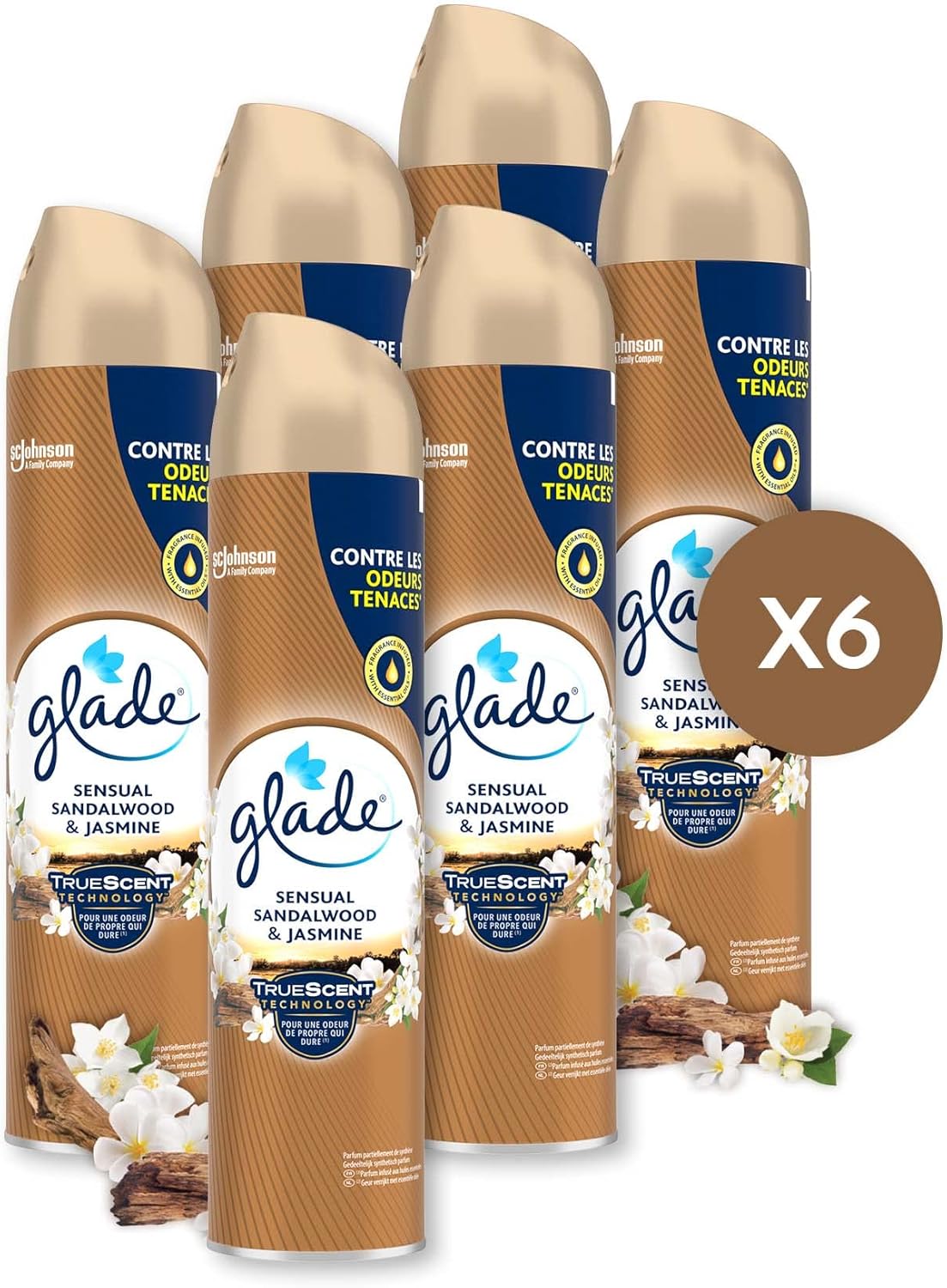  Lot de 6 désodorisants Glade Sensual Sandalwood & Jasmine et Romantic Vanilla Blossom, 300 ml
