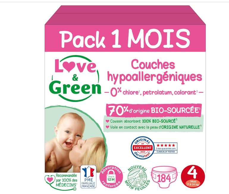 Couches écologiques Love & Green Taille 4 (7-14 kg), Pack 1 Mois, 184 Couches, ultra-absorbantes et sans ingrédients indésirables, en promotion à 45,48€ sur Amazon.