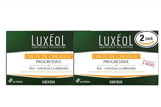 Cure Luxéol Chute de Cheveux Progressive 6 mois à 33,49€ au lieu de 71€ sur Amazon, complément alimentaire capillaire en gélules végétales avec biotine, zinc, ortie, vitamine B6, capillaire de Montpellier et pépins de courge pour cheveux clairsemés.