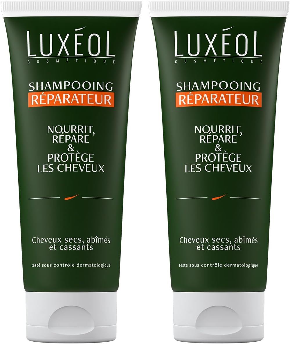 Lot de 2 shampooings réparateurs Luxéol 200 ml pour cheveux secs et abîmés, action réparation nutrition protection, fabriqué en France, offre Amazon à 13,50€.