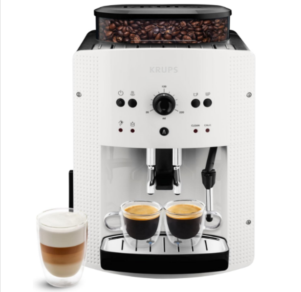 Machine à café broyeur Krups Essential blanche – 2 tasses, buse vapeur, nettoyage automatique