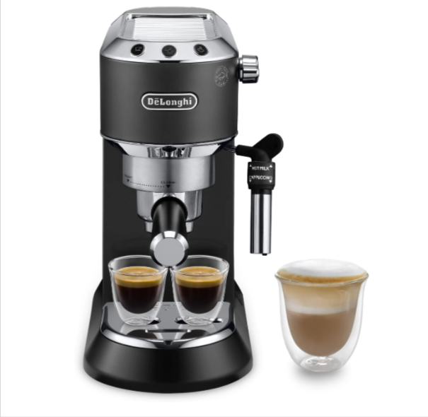 Machine expresso De'Longhi Dedica EC685BK : café de qualité barista à domicile, compacte avec buse vapeur et filtres pour expressos et cappuccinos.