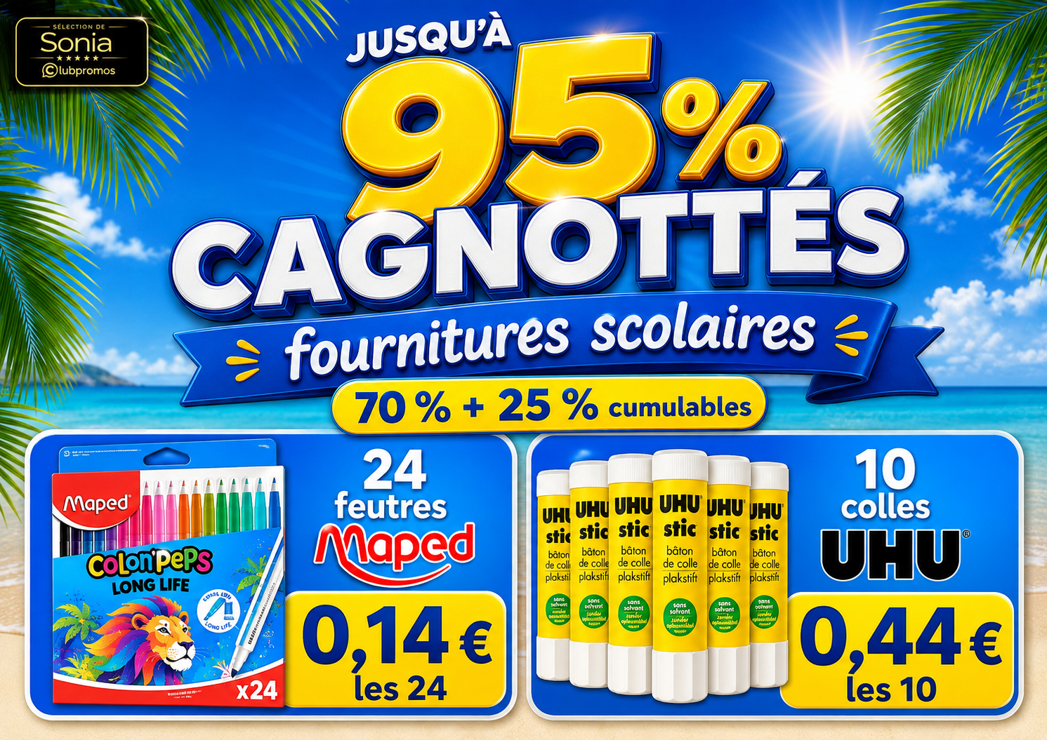 Bannière des bons plans rentrée Magasins U avec jusqu’à 95 % cagnottés sur Maped et UHU