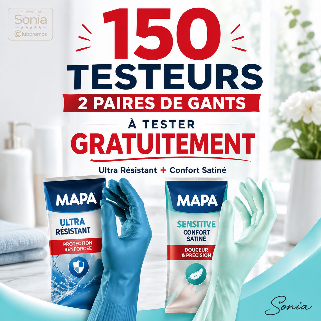 Visuel MAPA annonçant 150 testeurs recherchés pour recevoir 2 paires de gants à tester gratuitement