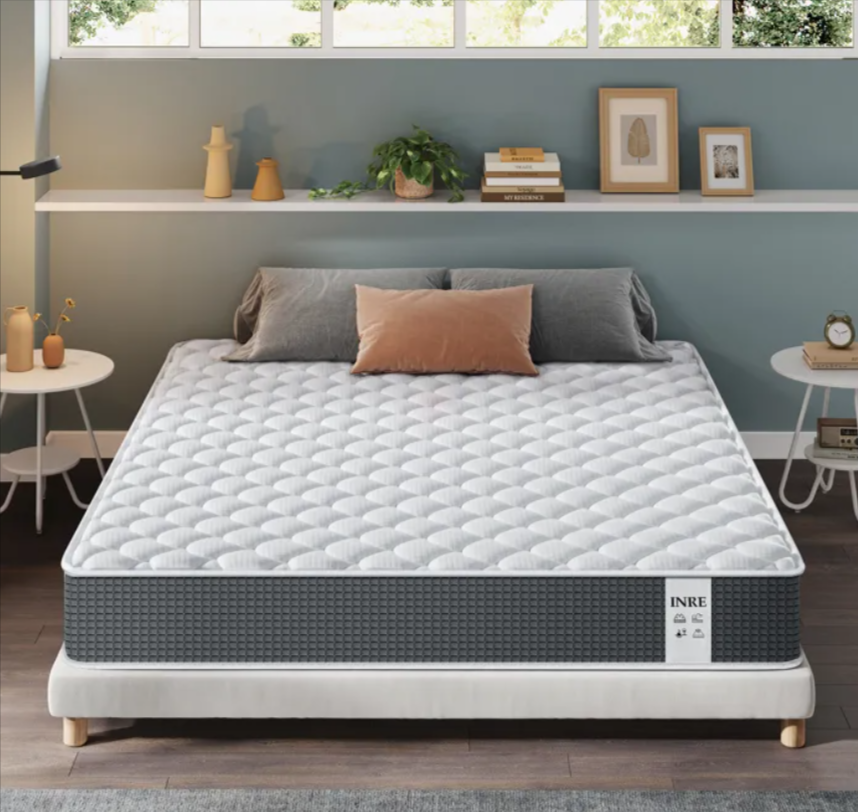 Matelas INRE 140x190 cm, réversible avec 7 zones de confort et mémoire de forme, soutien ferme, tissu respirant et durable.