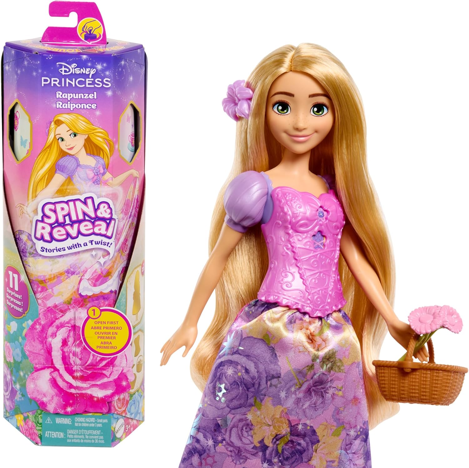  Mattel Disney Princess Spin & Reveal – Coffret Raiponce avec 11 surprises – Poupée, accessoires, scène de jeu et autocollants – 6,99€