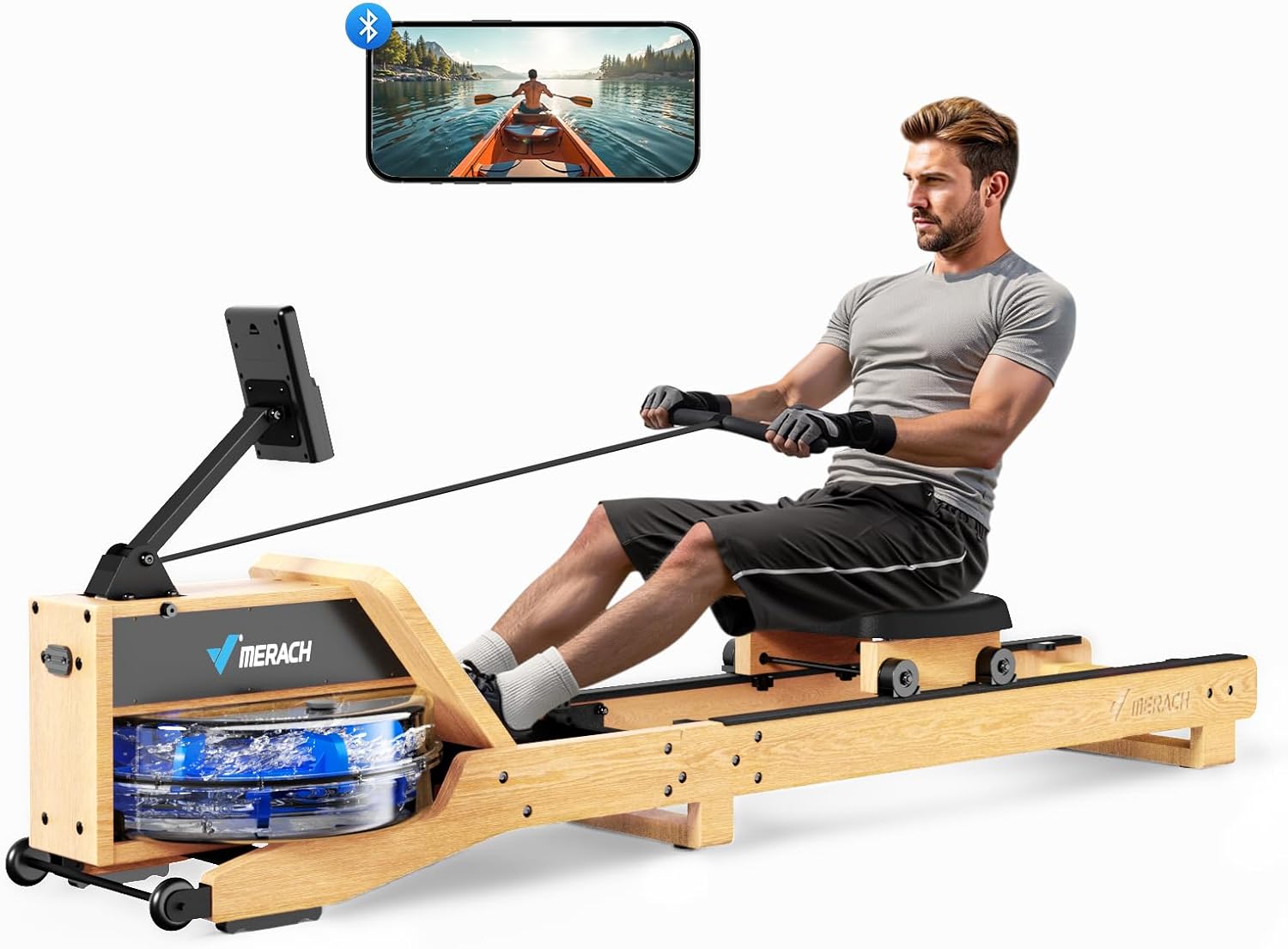 Rameur Merach en bois massif avec résistance à l'eau, moniteur intégré, et fonction pliable pour un stockage facile.