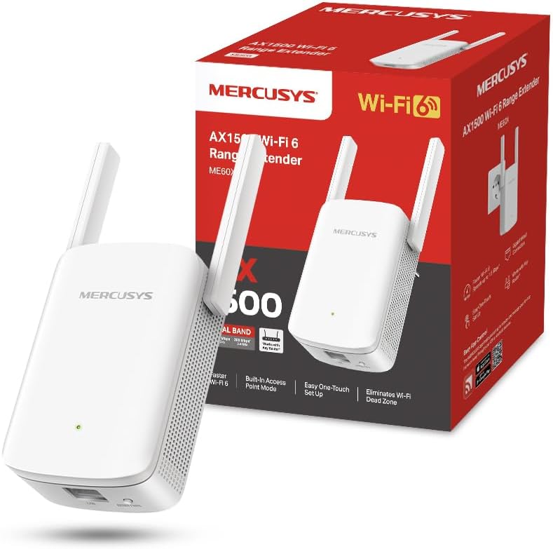 Répéteur WiFi 6 MERCUSYS ME60X AX1500 avec port Gigabit, promo Amazon 29,99 €.