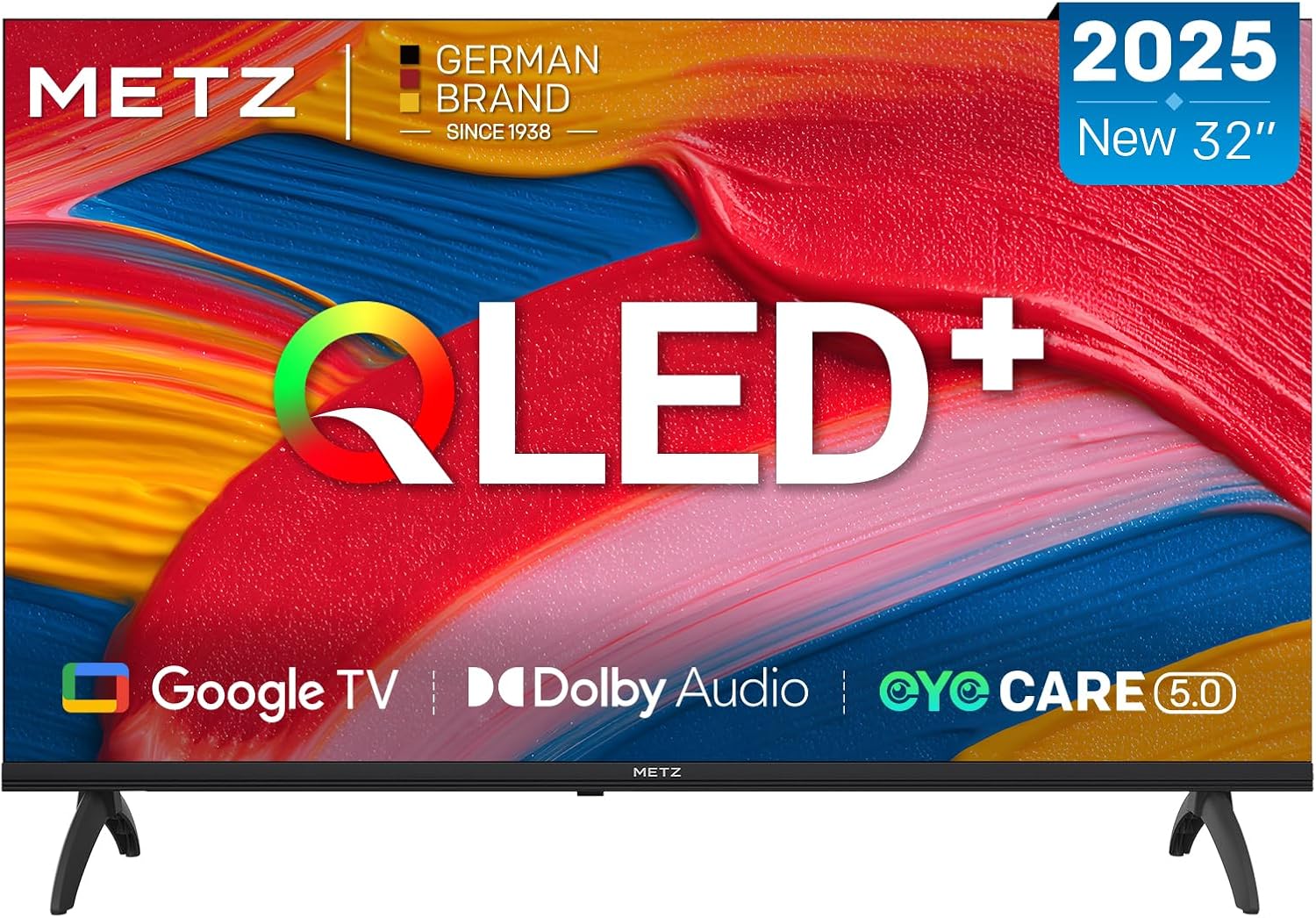 Téléviseur METZ QLED 32″ (32MQF7000Z) sans bords avec Google TV, HDR10/HLG, Dolby Audio, Bluetooth 5.1 et mode Eye-Care faible lumière bleue.