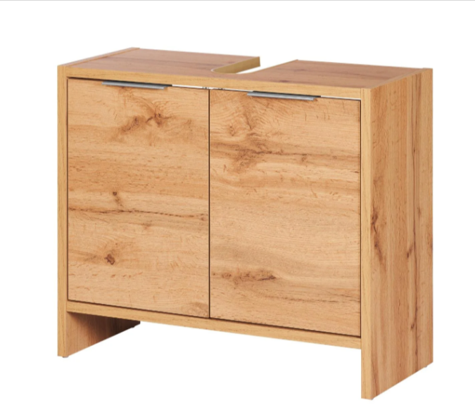  Meuble sous vasque Verona LIVARNO home – imitation chêne Wotan – 64,1 x 54,8 x 27,7 cm – grand espace de rangement, résistant aux rayures, poignées argentées mates, en promo Lidl à 19,99€.