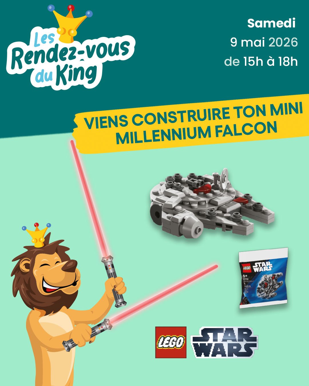 Mini LEGO Millennium Falcon offert à construire chez King Jouet lors d’une animation gratuite en magasin le samedi 9 mai 2026, bon plan famille et enfants autour de Star Wars.