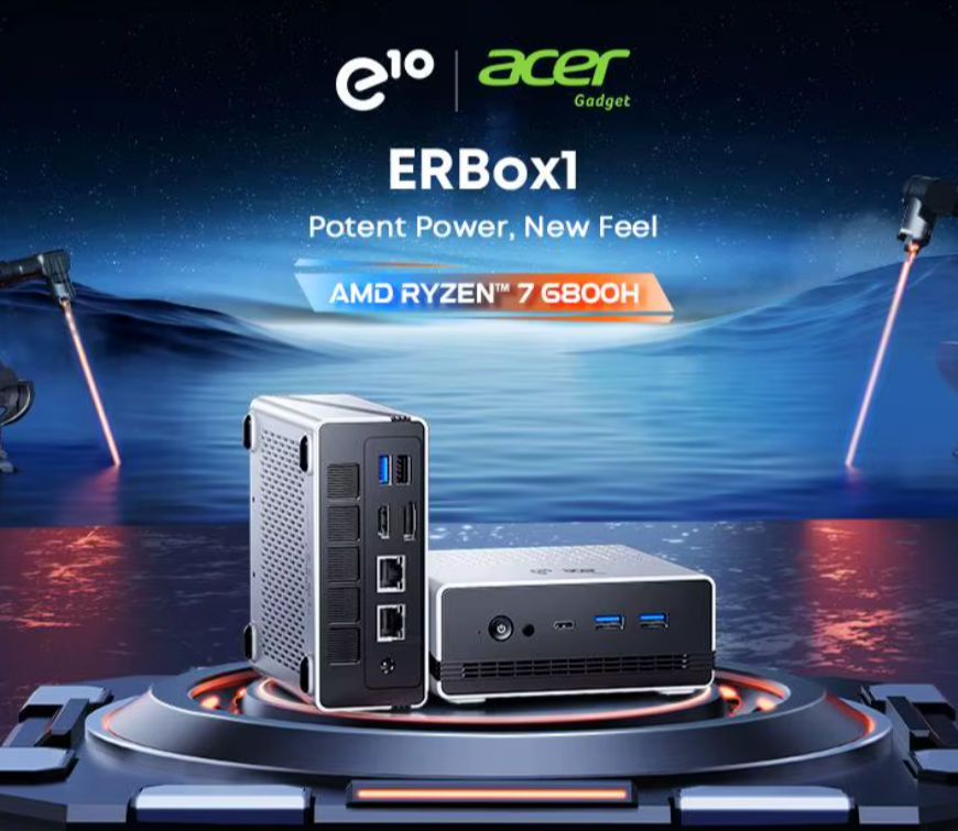 Mini PC Acer Gadget ERBox1 avec processeur AMD Ryzen 7 6800H, 16 Go de RAM LPDDR5, SSD 512 Go, Windows 11 Pro, WiFi 6, Bluetooth 5.3, Radeon 680M, triple affichage 4K et support VESA, disponible en promotion sur AliExpress avec code promo.