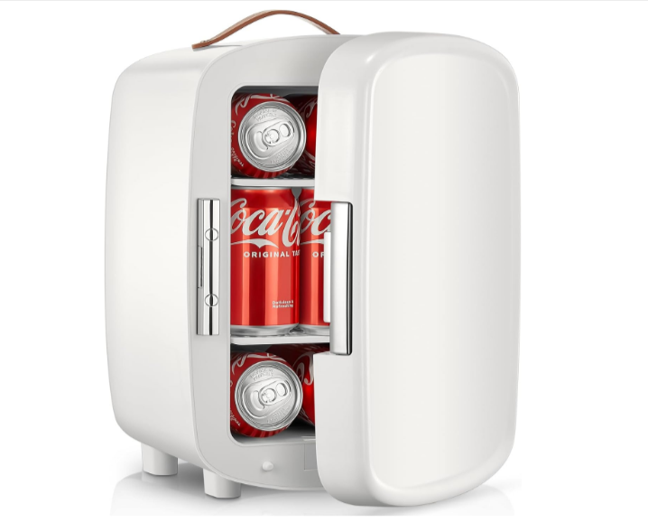 Mini réfrigérateur FOHERE 10L blanc portable 2,9 kg, alimentation secteur et voiture 12V, capacité 12 canettes, usage chambre bureau camping, bon plan Amazon à 56,58€.
