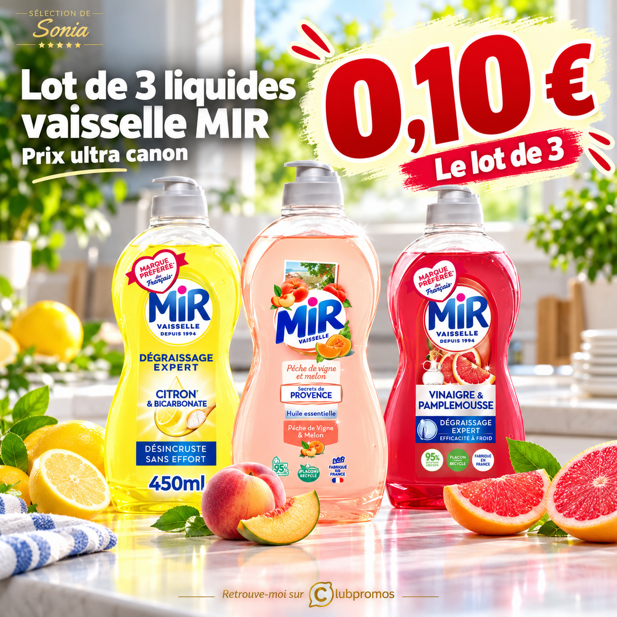 Trois liquides vaisselle MIR potentiellement à 0,10 € chez Auchan Supermarché du 3 au 7 novembre 2026, sous conditions de promotion et de cumul.