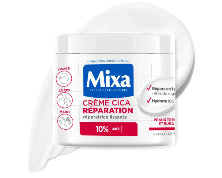 Crème Mixa Cica Réparation 400 ml pour peaux très sèches et rugueuses, soin réparateur visage corps mains à base d’urée et beurre de karité, hydratation intense hypoallergénique à 4,28€ sur Amazon.