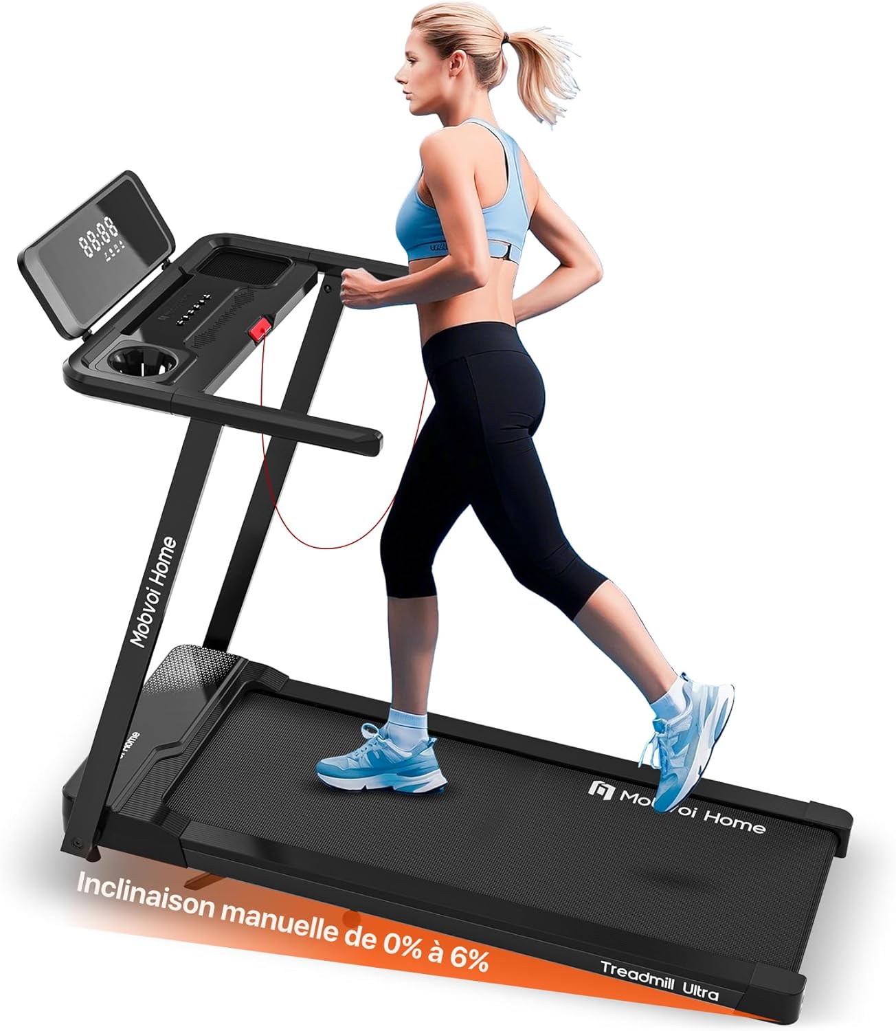 Tapis de course Mobvoi Ultra 3-en-1 avec inclinaison 6 %, surface 42 × 102 cm, 12 km/h, 2,5 CV < 60 dB, plateau bureau et Bluetooth, charge 120 kg, maison & bureau.
