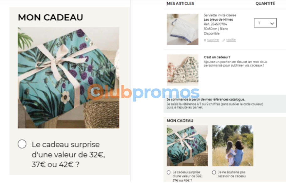 Panier Linvosges avec code FETE25 : sélection du cadeau surprise d'une valeur de 32€, 37€ ou 42€ ajoutée à la commande.