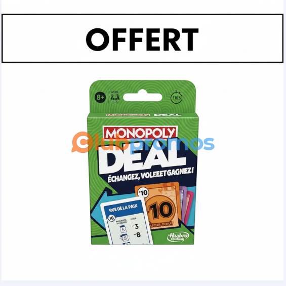 Bon plan Amazon – Monopoly Deal offert (jeu de cartes Hasbro Gaming) pour l’achat d’un jeu de société éligible – promo valable jusqu’au 30 septembre 2025, livraison Prime gratuite.