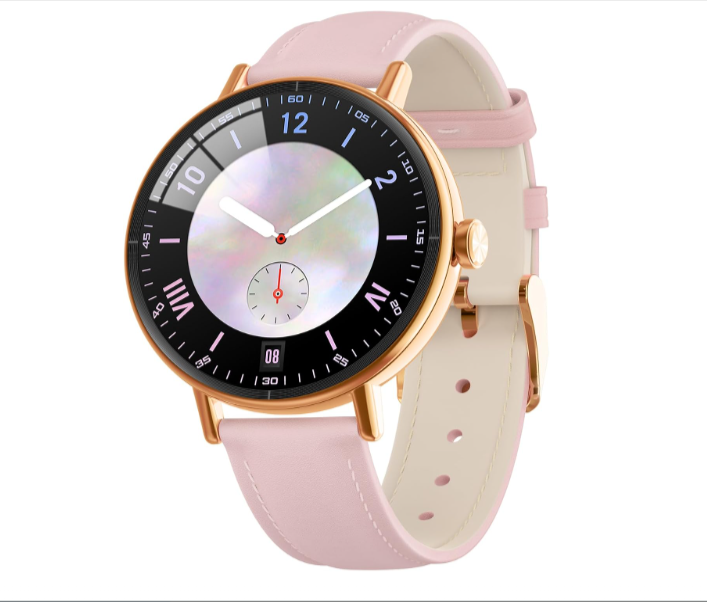 Montre connectée femme 1,27″ rose avec deux bracelets cuir et silicone, IP68, appels Bluetooth, suivi santé