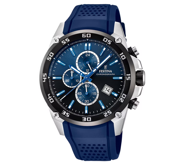 Montre Festina Sport F20330/A pour homme, chronographe analogique avec boîtier en acier inoxydable, bracelet en silicone noir, étanchéité 10 ATM, affichage de la date et verre minéral anti-rayures. Élégance et robustesse pour un usage quotidien ou sportif.