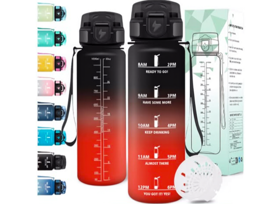 Motswedi – Gourde sport 1 L anti-fuite, sans BPA, avec marqueur de temps (NoirRouge).png