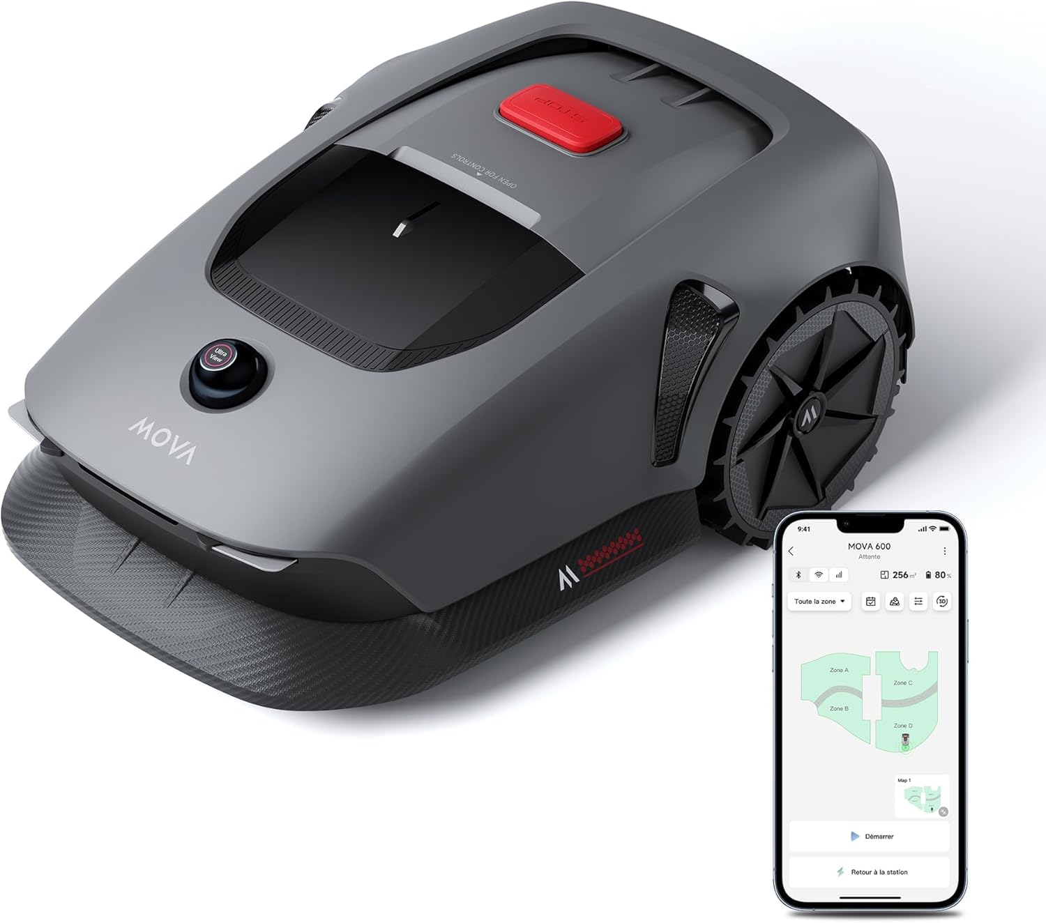 Robot tondeuse MOVA 600 avec LiDAR 3D UltraView, cartographie 3D sans fil, évitement des obstacles, surface 600 m², pente 45 %, contrôle via application, hauteur de coupe 2–6 cm, prix promo 470,09 €.