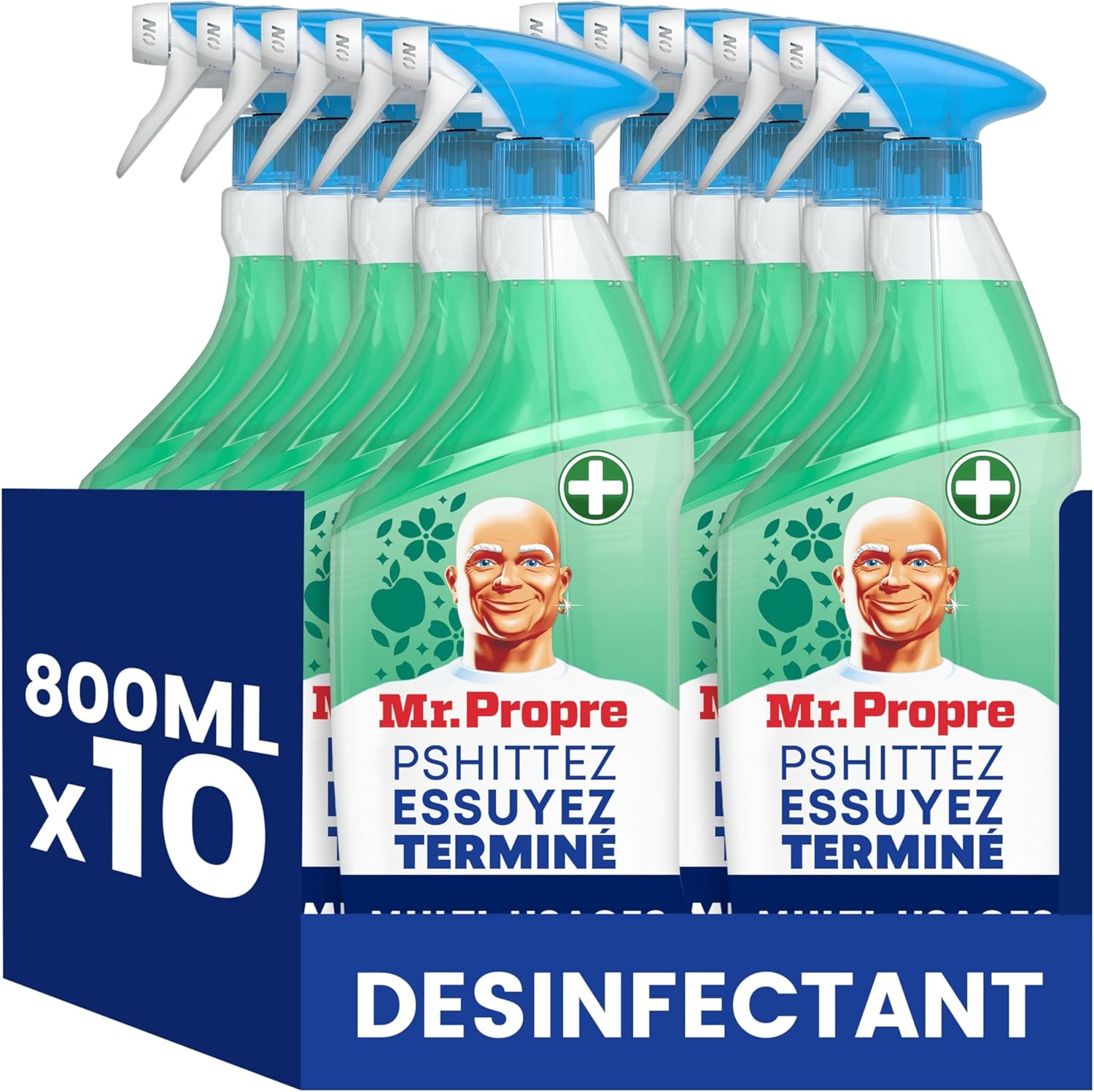 Bon plan Amazon sur le lot de 10 sprays désinfectants multi-usages Mr. Propre fleurs de pommier 800 ml avec action dégraissante, antibactérienne et nettoyage sans traces à 23 euros.