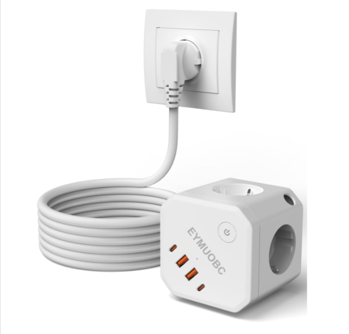 Multiprise Cube 8-en-1 avec interrupteur, ports USB et protection contre les surtensions, pour une charge rapide et pratique à la maison ou au bureau.