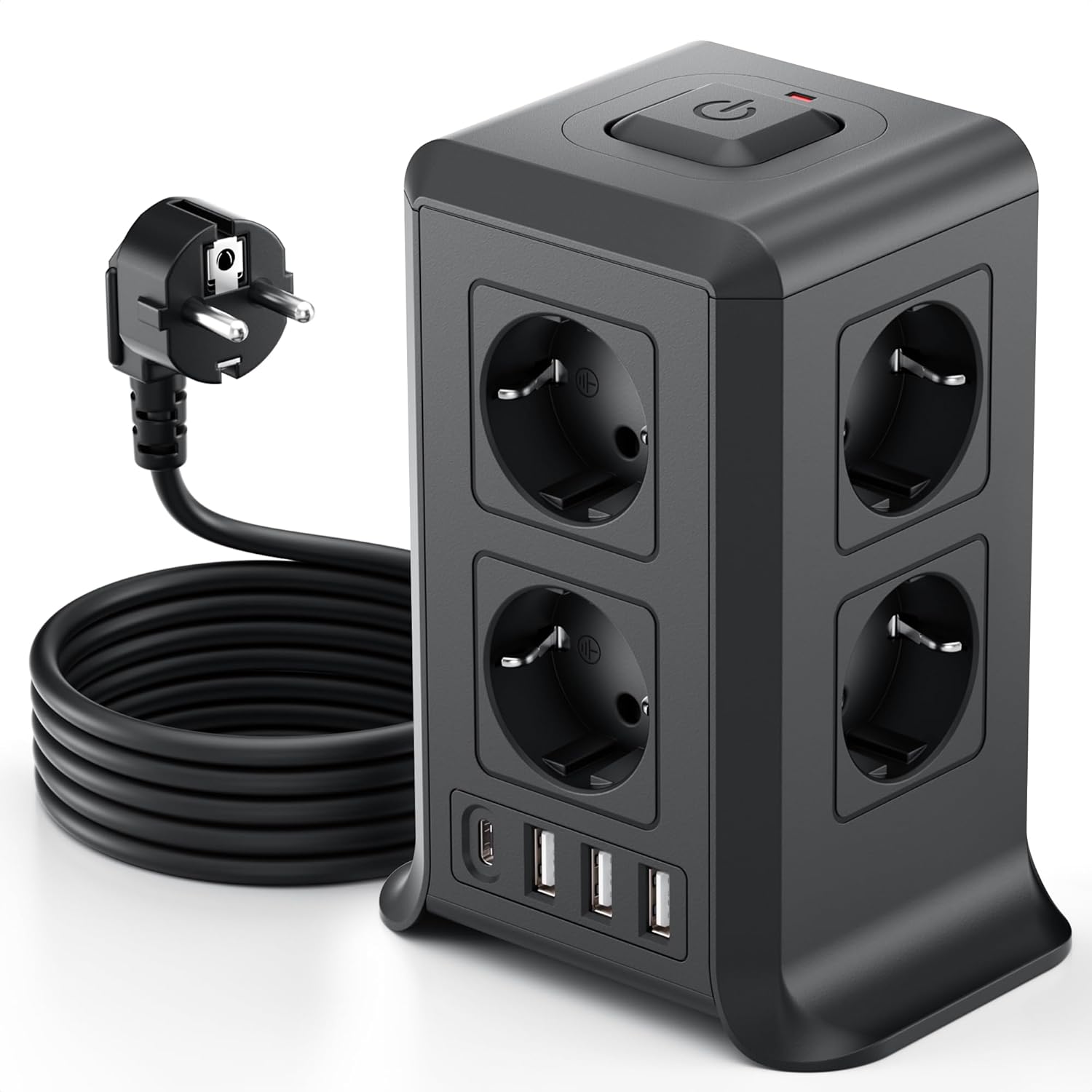 Tour multiprise verticale 12-en-1 KEMELO – 8 prises + 4 ports USB, câble 5 m, interrupteur, parafoudre – Compacte, idéale pour bureau ou maison – Offre Amazon 17,39€ au lieu de 28,99€