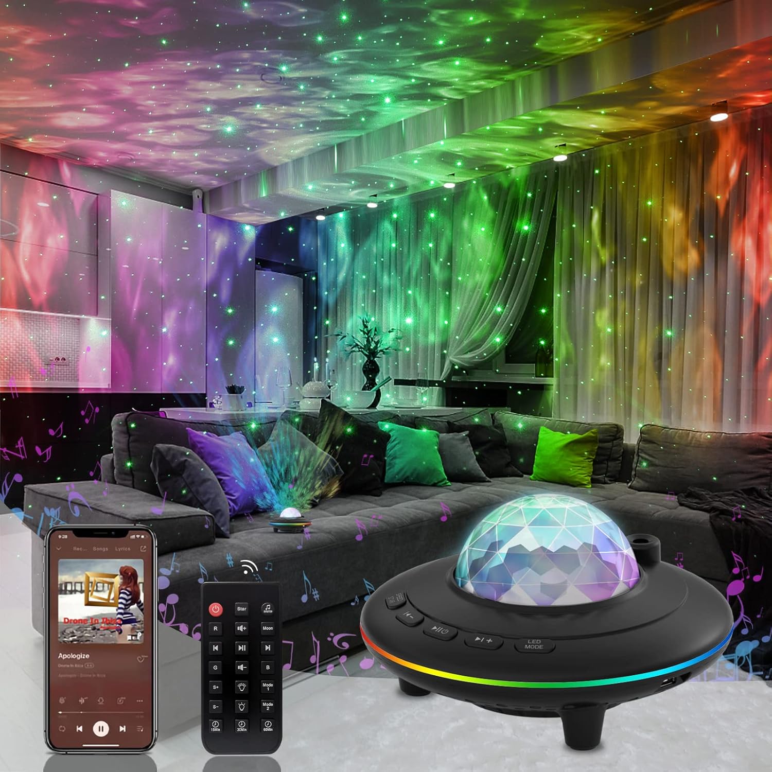 Projecteur galaxie Mycket Star Projector Galaxy Light noir projetant un ciel étoilé multicolore avec vagues lumineuses au plafond, veilleuse LED pour enfants et adultes avec Bluetooth, télécommande et minuterie, bon plan Amazon à 11,99€ au lieu de 29,99€