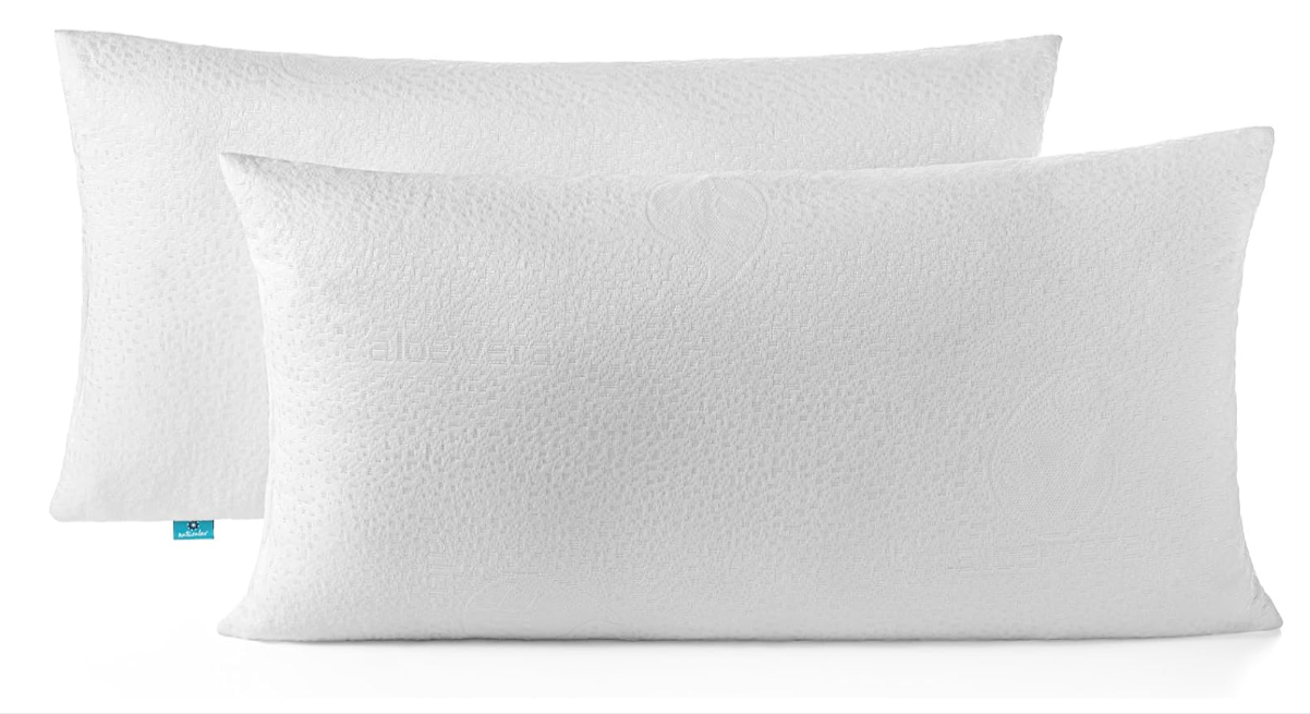 Lot de 2 oreillers NATURALEX 70 x 40 cm avec tissu Aloe Vera, rembourrage en copeaux de mousse HR, Blue Latex et mousse à mémoire de forme, maintien souple et respirant, bon plan Amazon à 9,24€.