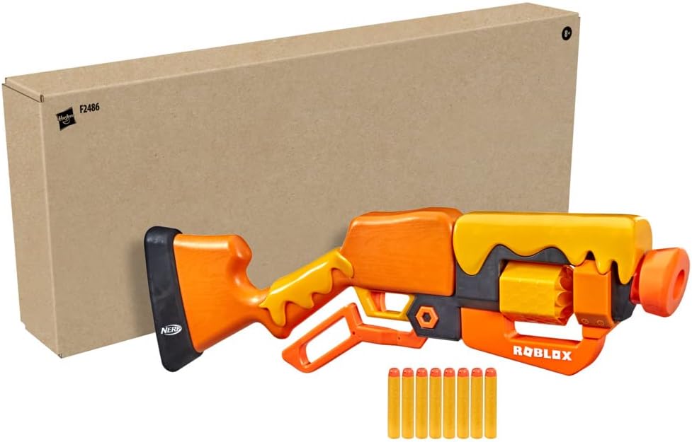 Blaster Nerf Roblox Adopt Me! Bees! avec code Roblox pour objet virtuel, fléchettes Nerf Elite et mécanisme à levier.