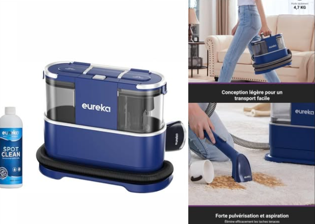 Nettoyeur canapé tissu Eureka NEY100 12500Pa à 49,99€ au lieu de 79,99€ sur Amazon, aspirateur shampouineuse injecteur-extracteur pour canapé, tapis, rembourrage et voiture avec réservoir eau propre 1,5 L, réservoir eau sale 800 ml et détergent 450 ml.