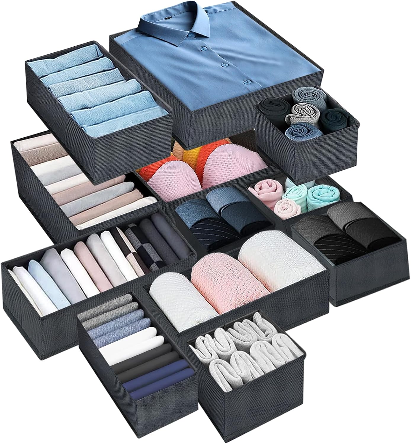 Boîtes de rangement tiroir NINGESHOP 13 pièces gris, tissu non tissé respirant, pliables avec renfort carton et zip diagonal, organisation dressing, offre Amazon