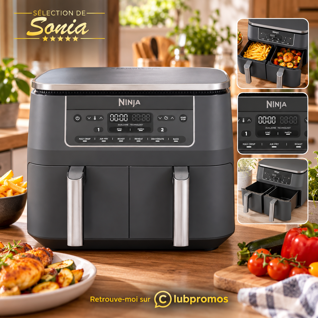 Ninja Air Fryer Dual Zone gris métal de 7,6 litres avec deux compartiments indépendants de 3,8 litres, proposé à 109,99 € chez Amazon.