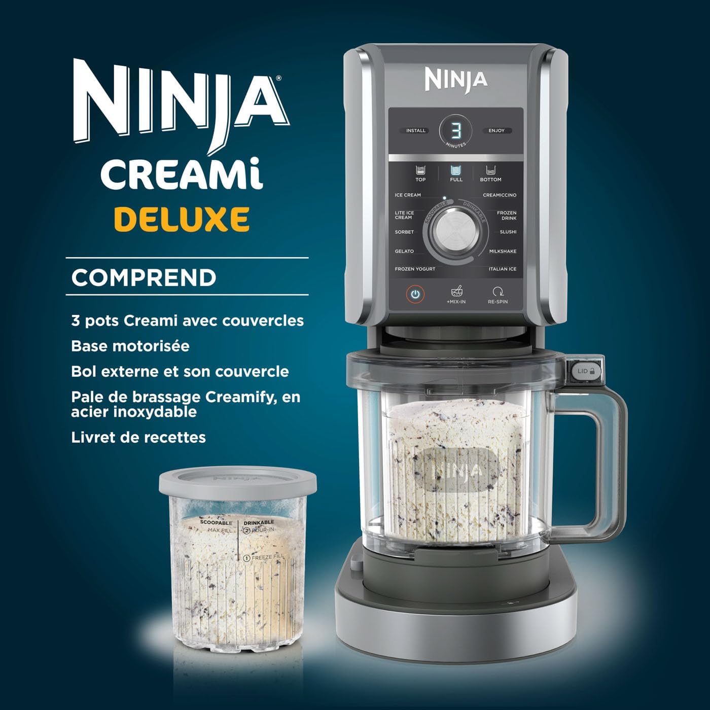 Sorbetière Ninja CREAMi Deluxe avec 10 fonctions, capacité de 3 pots de 709 ml et accessoires inclus.