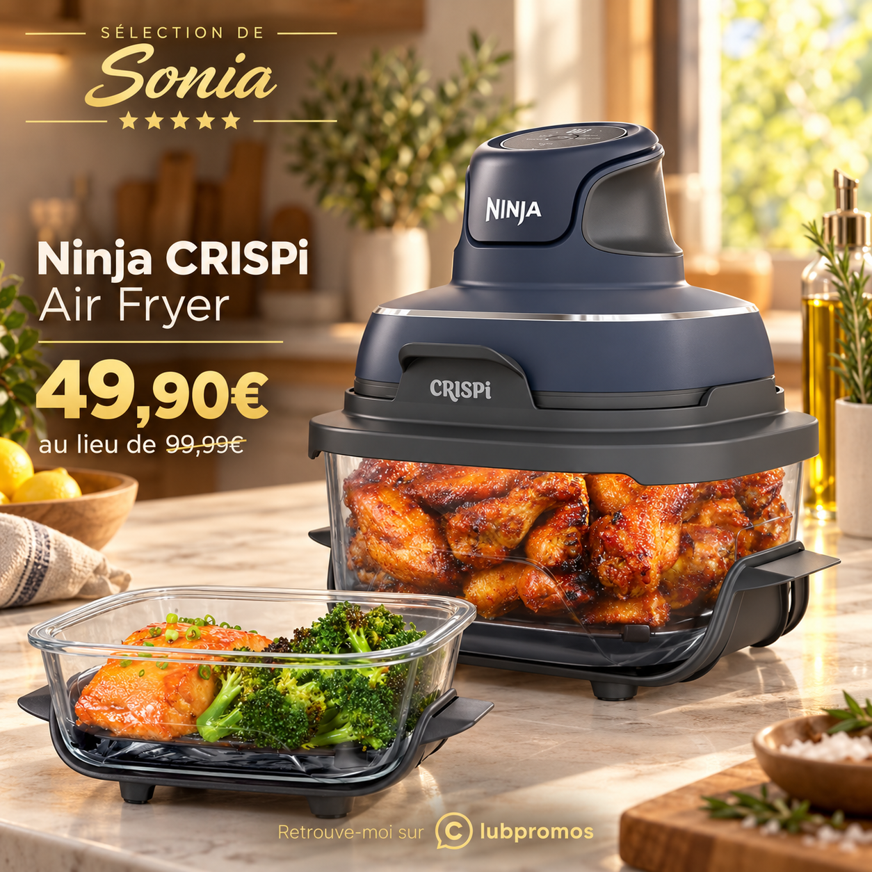 Promotion Amazon sur le Ninja CRISPi Air Fryer compact 4-en-1 avec récipient en verre, à 49,99 € au lieu de 99,99 €.