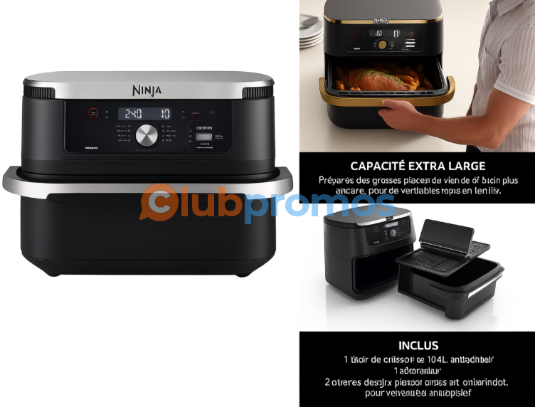 Friteuse à air Ninja Foodi FlexDrawer AF500EU noire, capacité 10,4 L, double zone/MegaZone, 7 programmes, pièces antiadhésives compatibles lave-vaisselle.