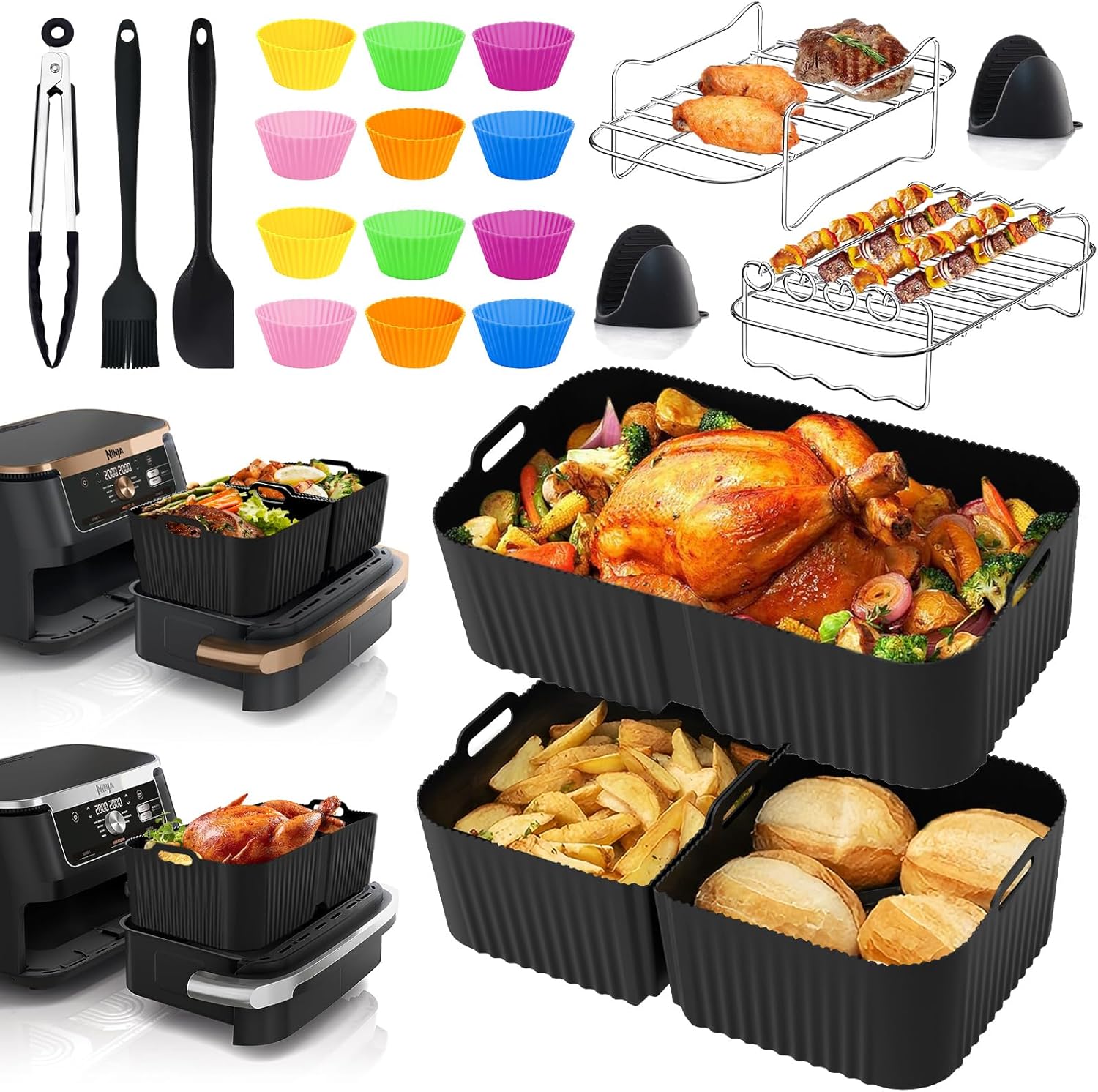 Kit 22 pièces accessoires Ninja Foodi Flex AF500EU – moules silicone 10,4 L + 2×5,2 L, gril inox, rack brochettes, moules gâteaux, pince, gants, spatule, brosse – compatible Air Fryer et four – offre Amazon.
