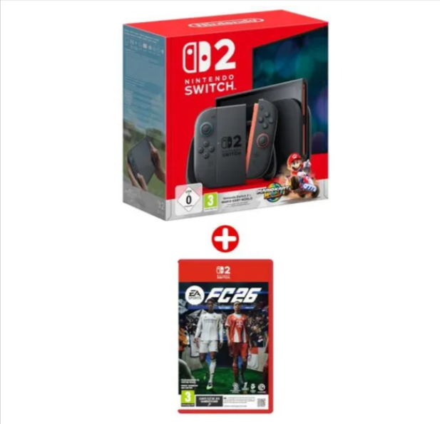 Pack Nintendo Switch 2 avec Joy-Con 2, Mario Kart World et EA Sports FC 26, écran 1080p portable, sortie 4K HDR, 120 fps et stockage 256 Go, présenté en bon plan Cdiscount à 444,99€ avec le code AVENT40.